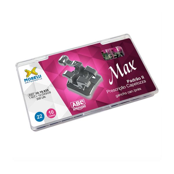 KIT-DE-BRAQUETES-10-CASOS-MAX---PRESCRICAO-CAPELOZZA-PADRAO-II-.022---COM-GANCHO-NOS-CANINOS-E-PRES---MORELLI